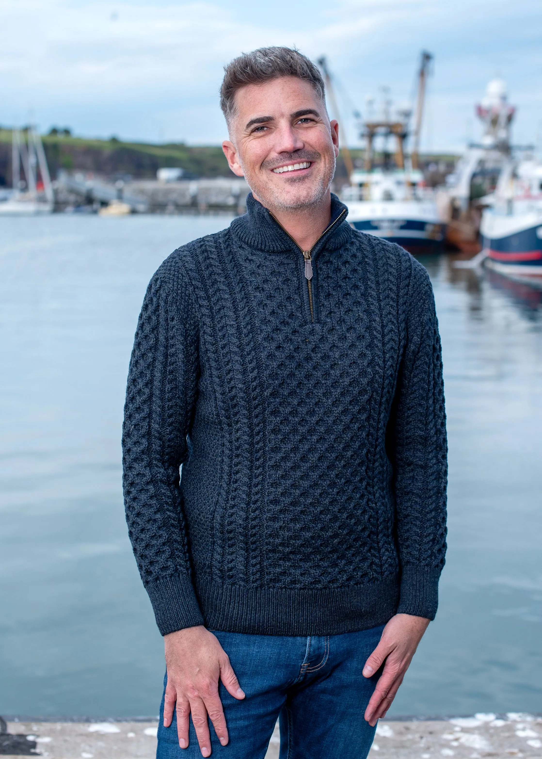 Aran Merino Wool Half Zip Sweater | Blackwatch