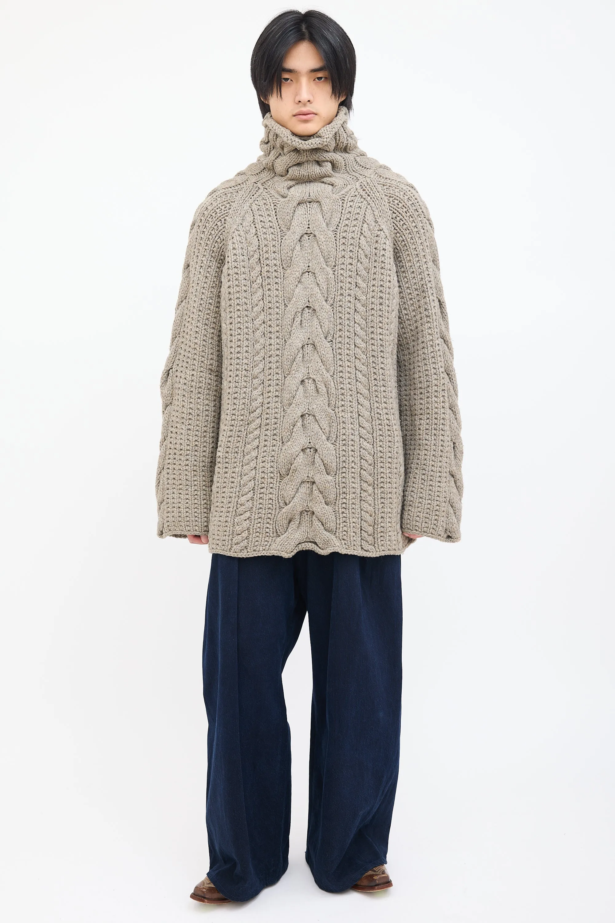 Beige Wool Chunky Cable Knit Sweater