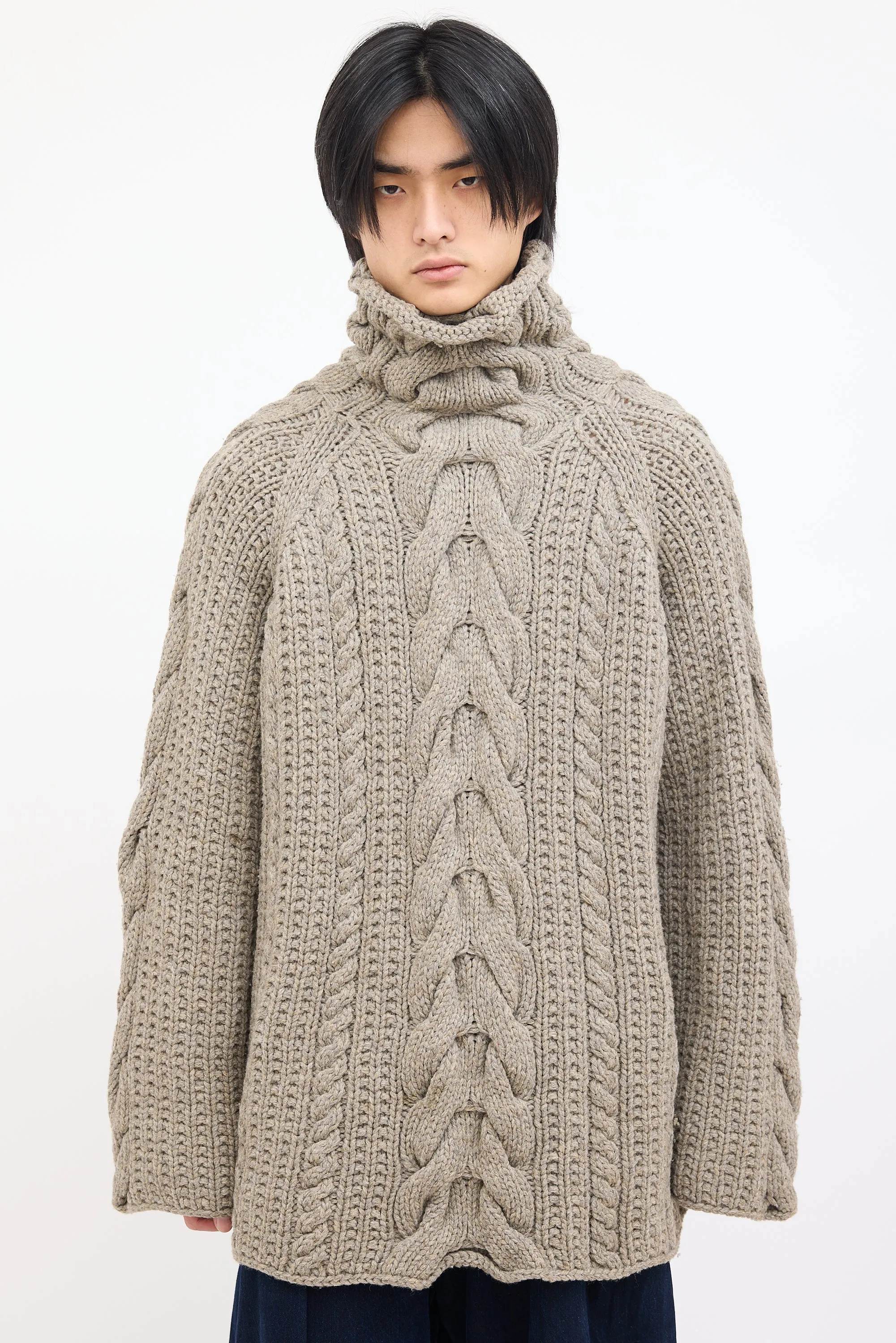 Beige Wool Chunky Cable Knit Sweater