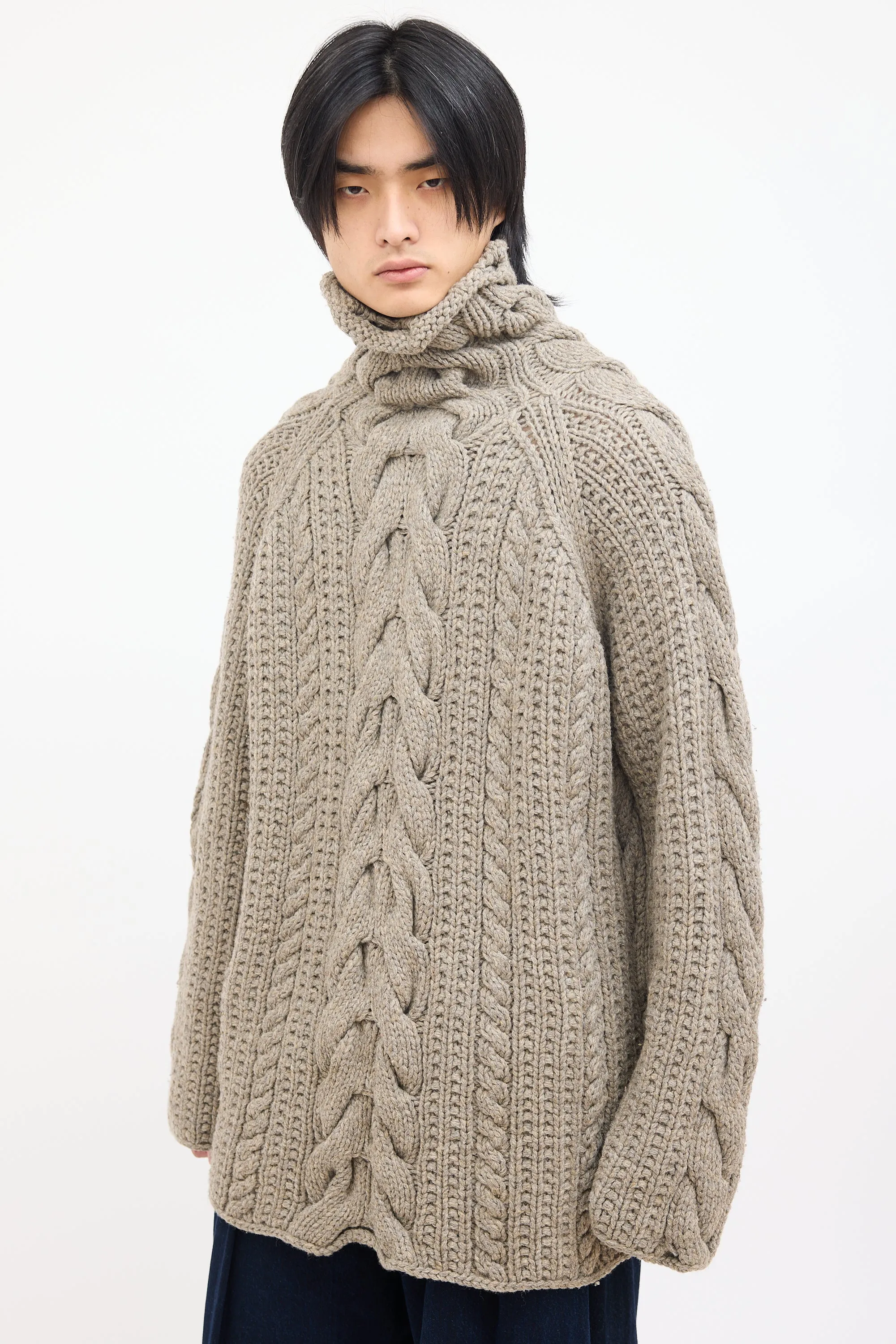 Beige Wool Chunky Cable Knit Sweater