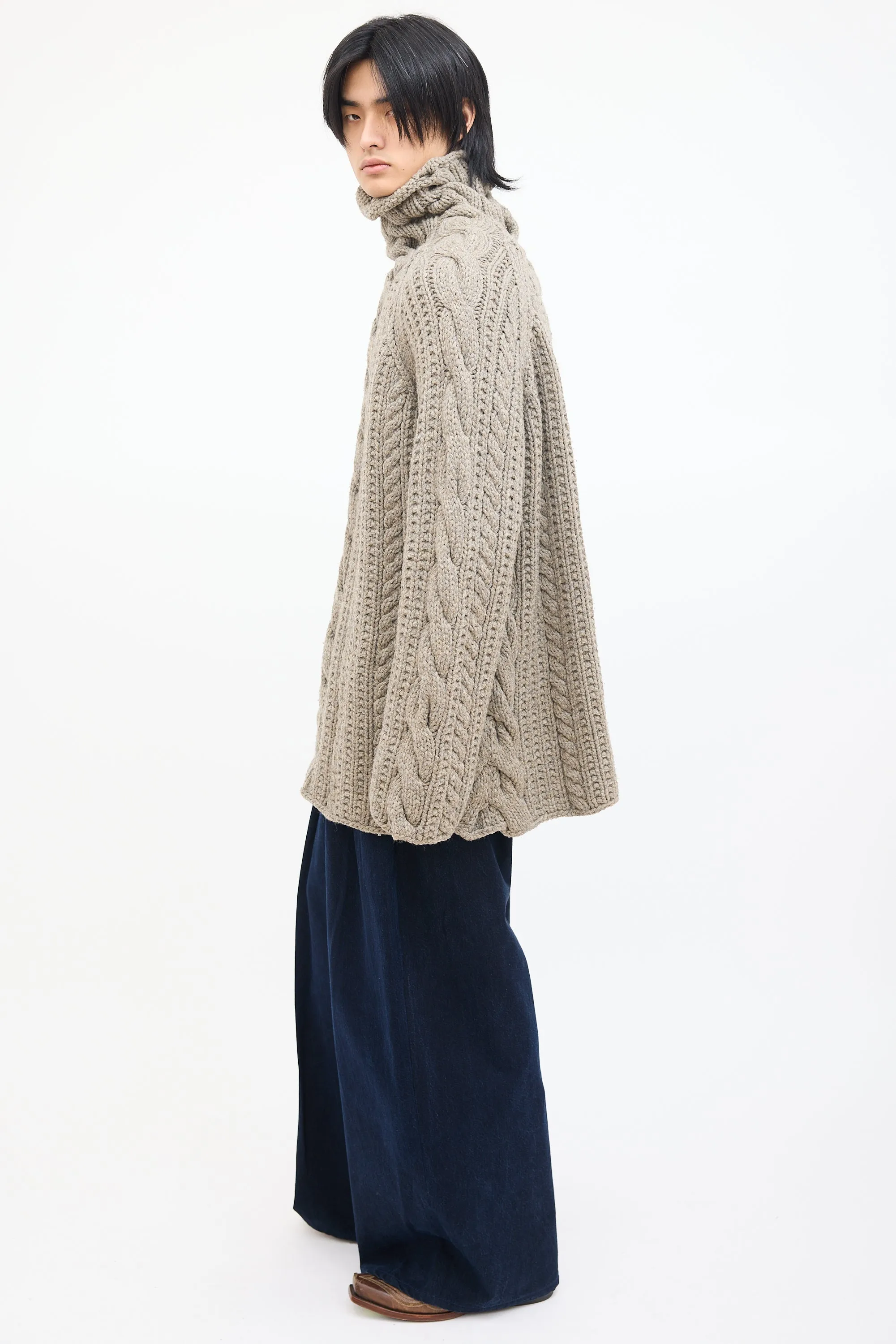 Beige Wool Chunky Cable Knit Sweater