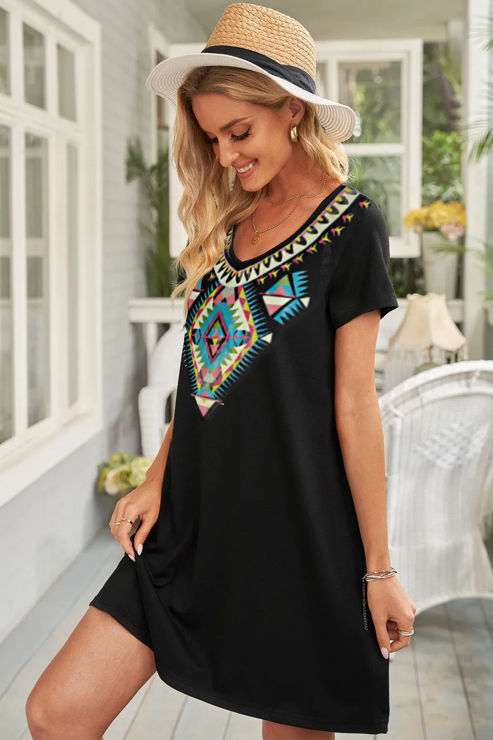 Black Boho Ethnic Print Mini Dress