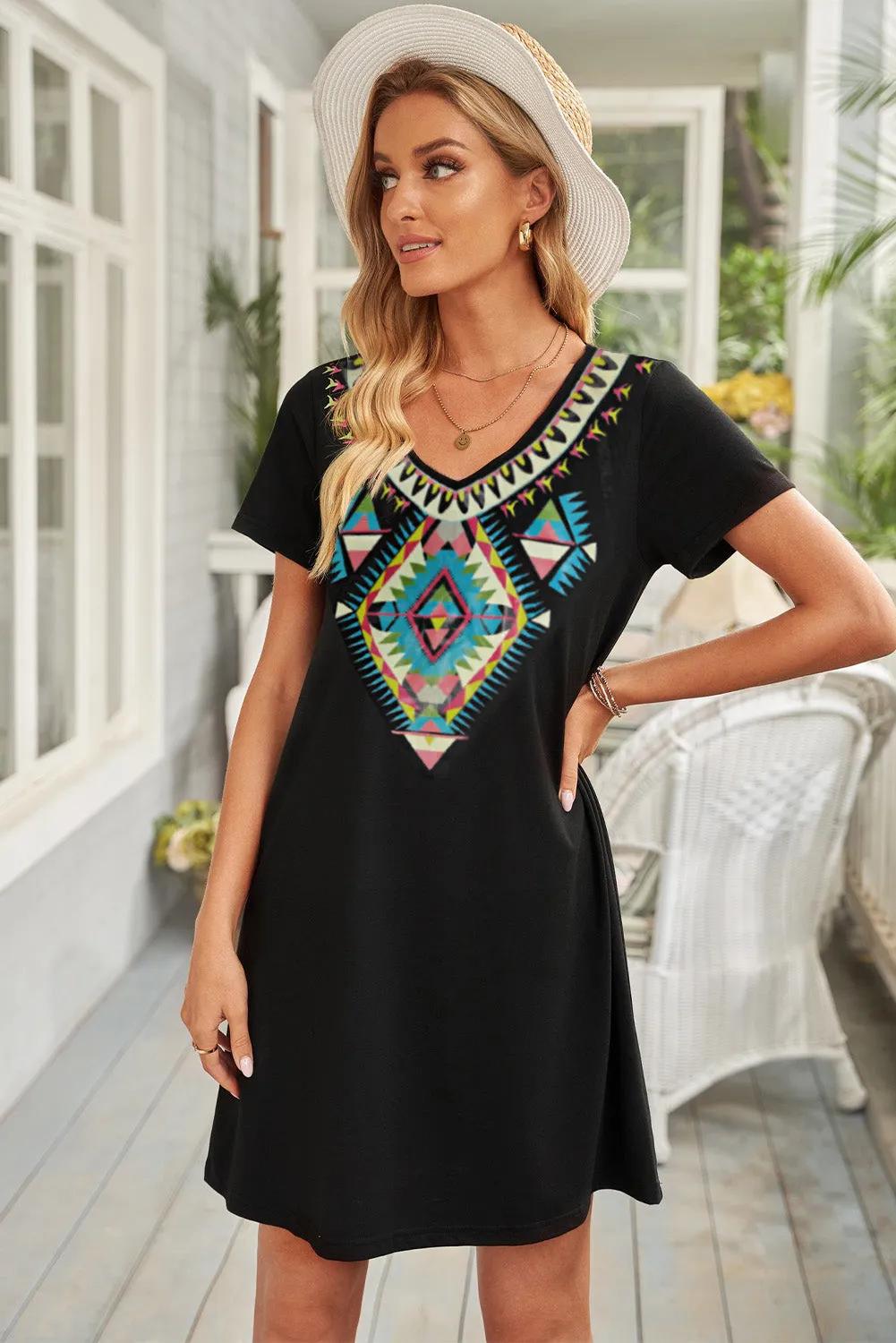 Black Boho Ethnic Print Mini Dress
