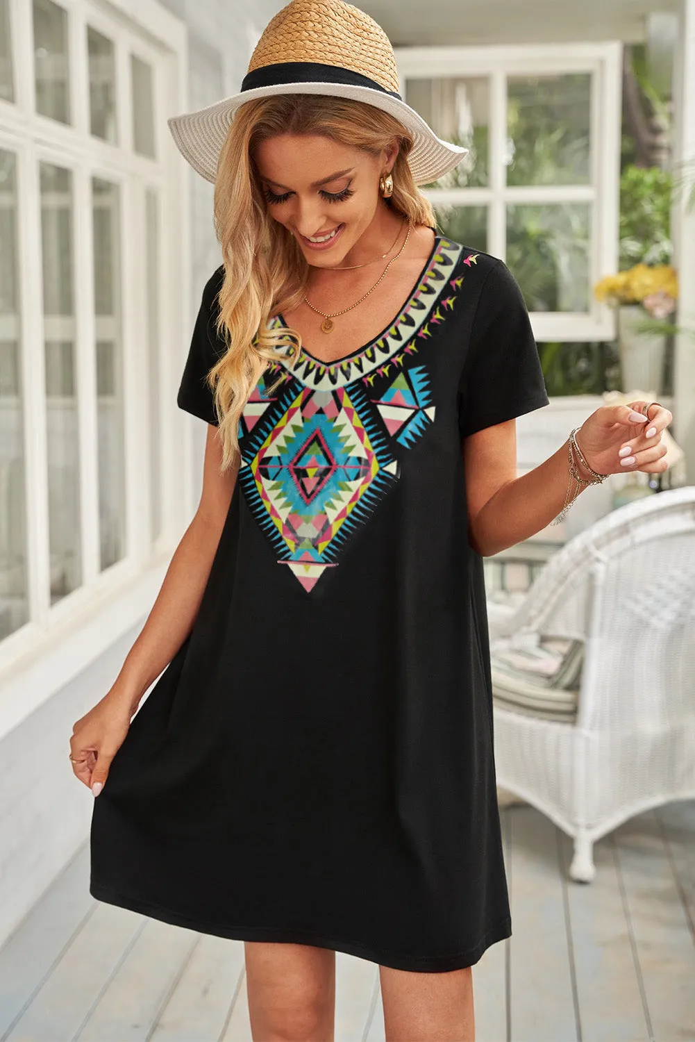 Black Boho Ethnic Print Mini Dress