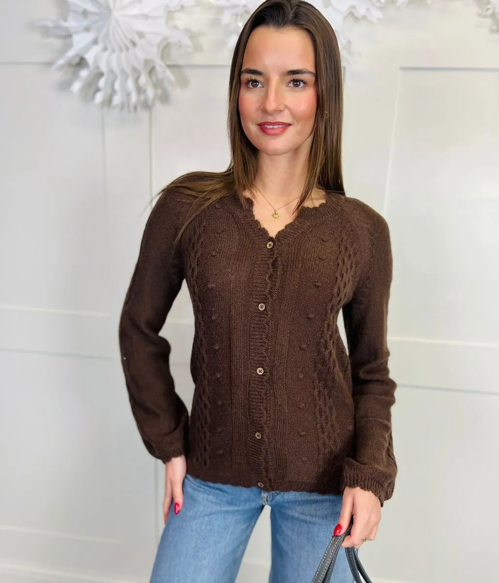 Brown Bobble Trim Cardigan