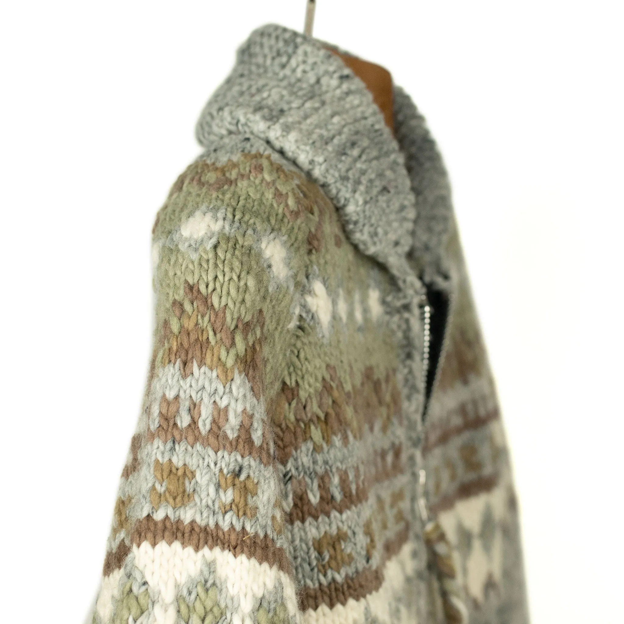 Chamula handknit cowichan style zipped cardigan in pearl grey Fair Isle merino wool (restock)