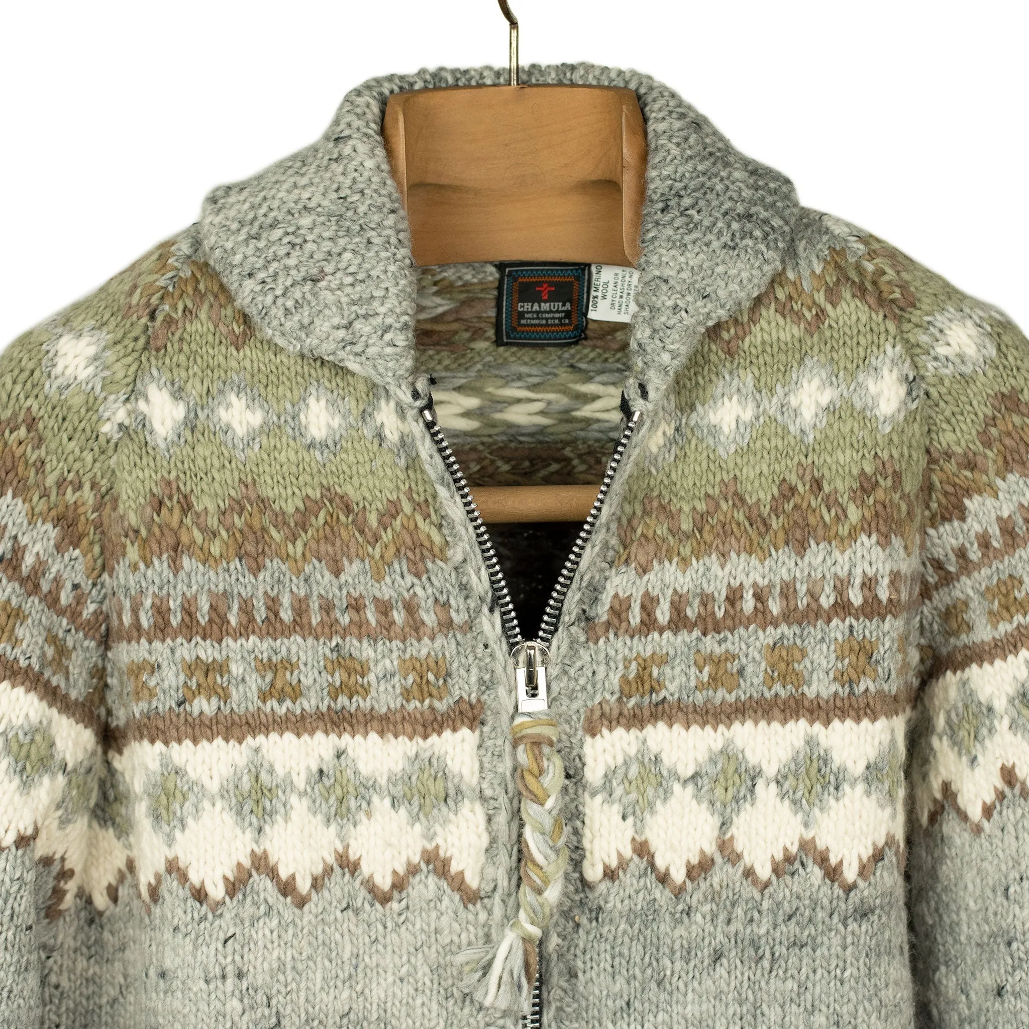 Chamula handknit cowichan style zipped cardigan in pearl grey Fair Isle merino wool (restock)