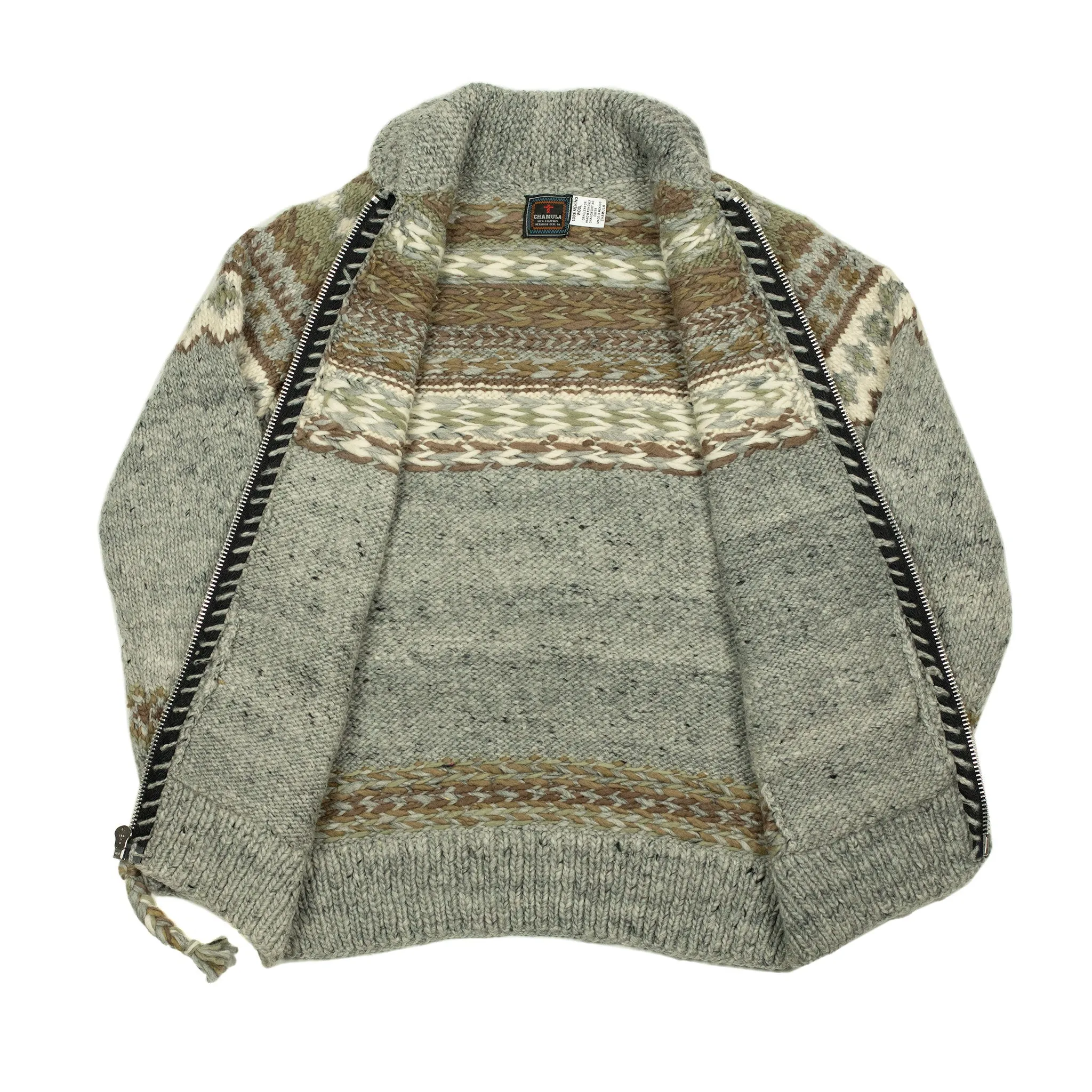 Chamula handknit cowichan style zipped cardigan in pearl grey Fair Isle merino wool (restock)