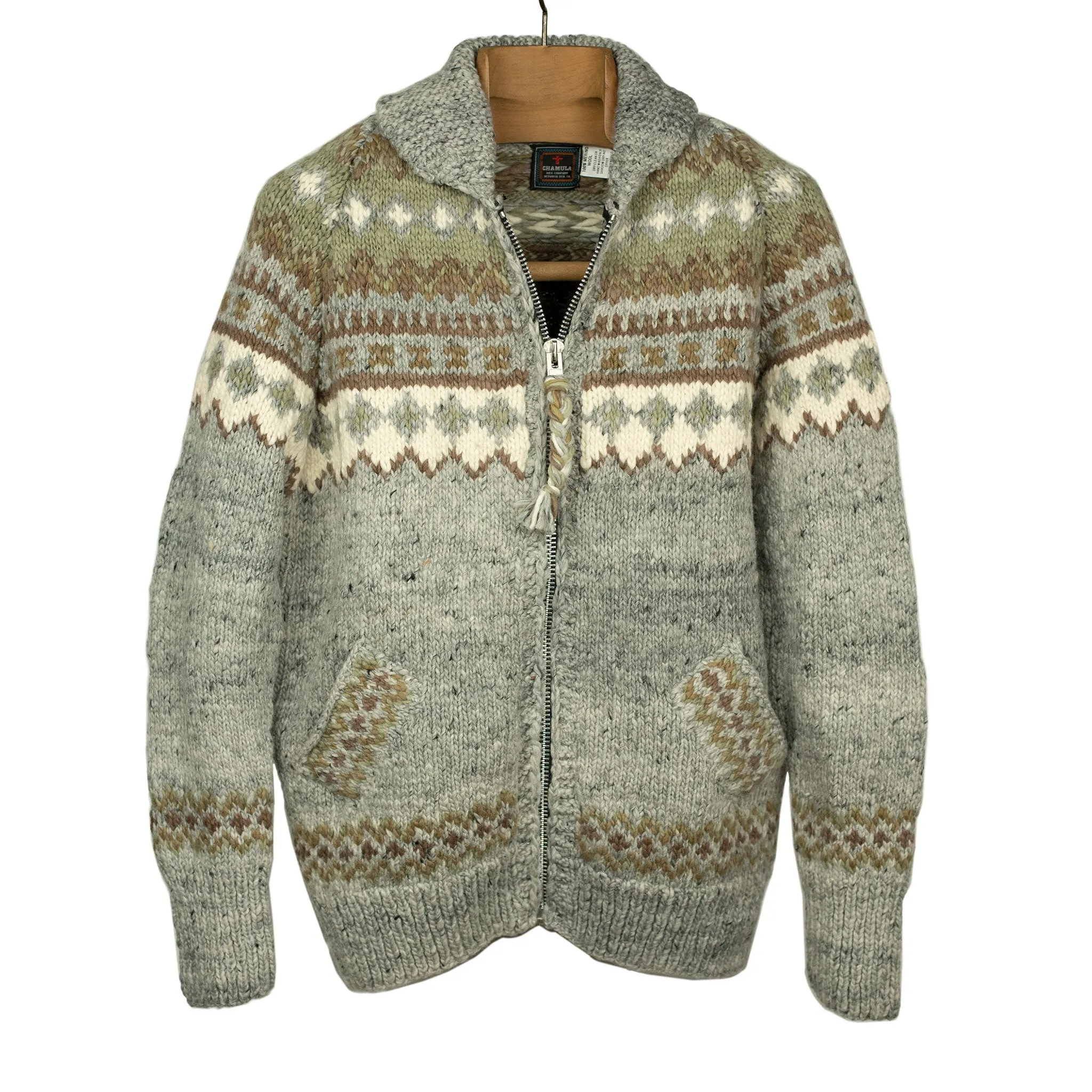 Chamula handknit cowichan style zipped cardigan in pearl grey Fair Isle merino wool (restock)