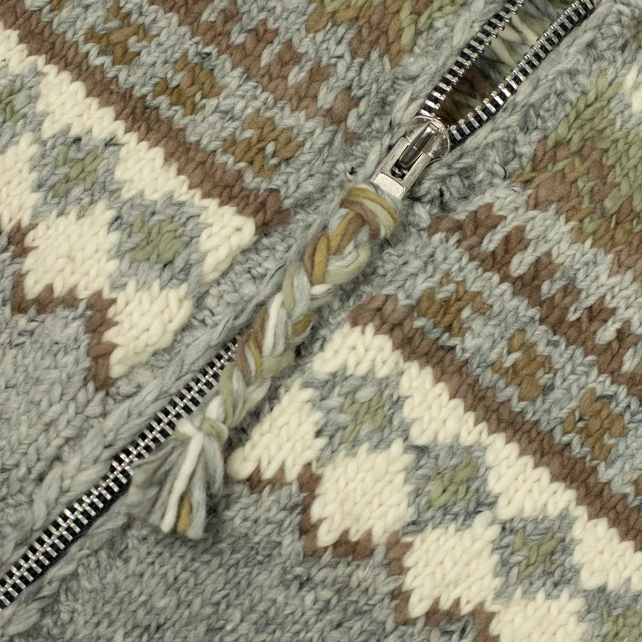Chamula handknit cowichan style zipped cardigan in pearl grey Fair Isle merino wool (restock)
