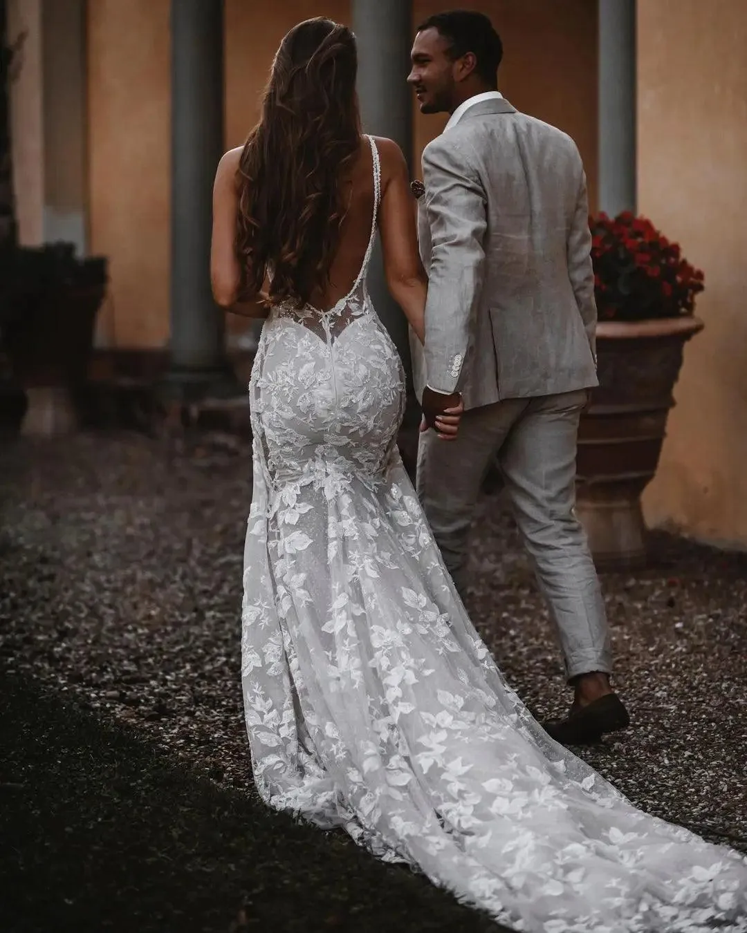 Ethereal Boho Beach Wedding Dress - Enchanting Lace Mermaid with Spaghetti Straps, Backless Floral Appliques, and Glittering Tulle