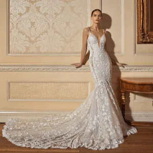 Ethereal Boho Beach Wedding Dress - Enchanting Lace Mermaid with Spaghetti Straps, Backless Floral Appliques, and Glittering Tulle