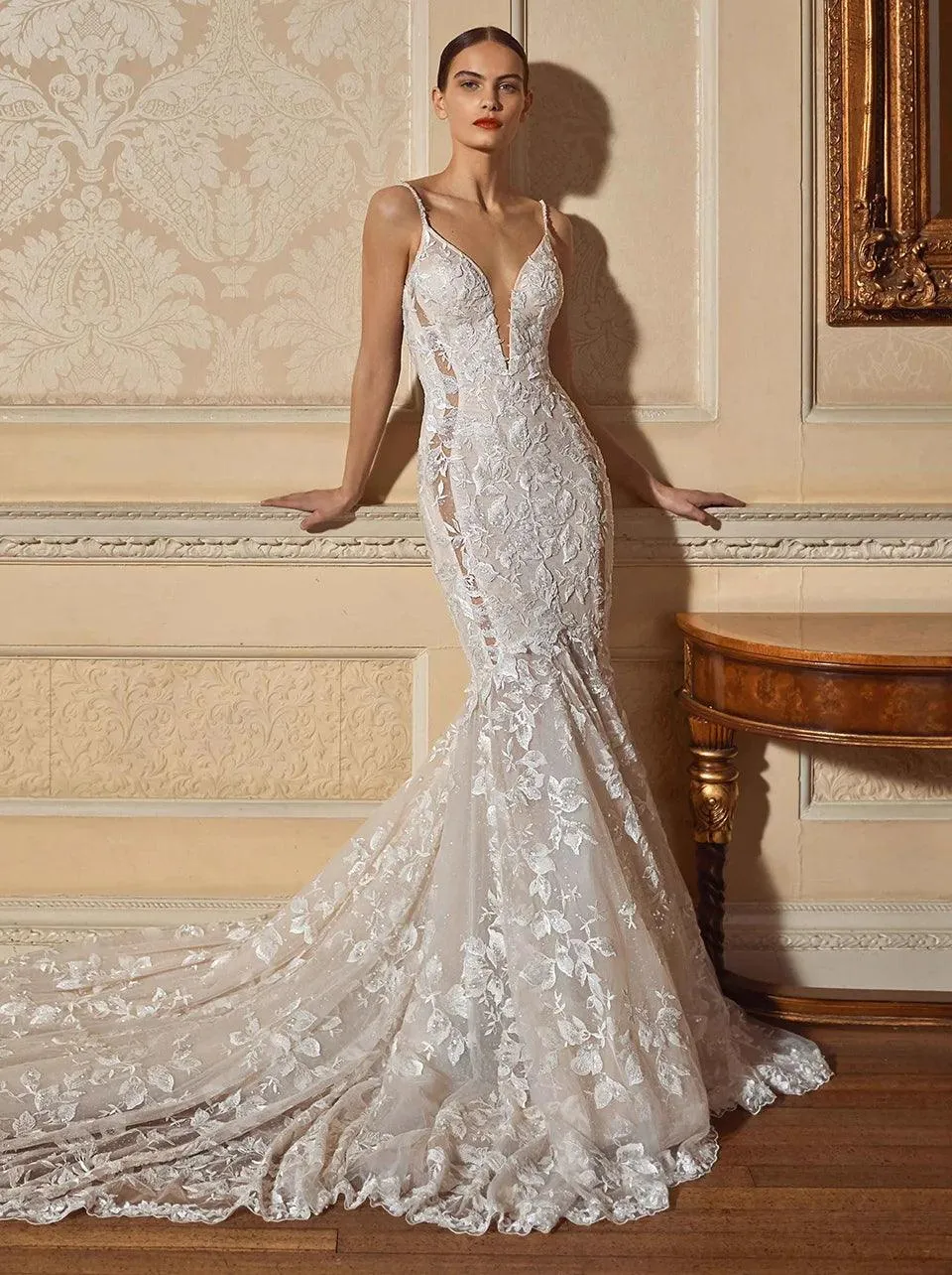 Ethereal Boho Beach Wedding Dress - Enchanting Lace Mermaid with Spaghetti Straps, Backless Floral Appliques, and Glittering Tulle