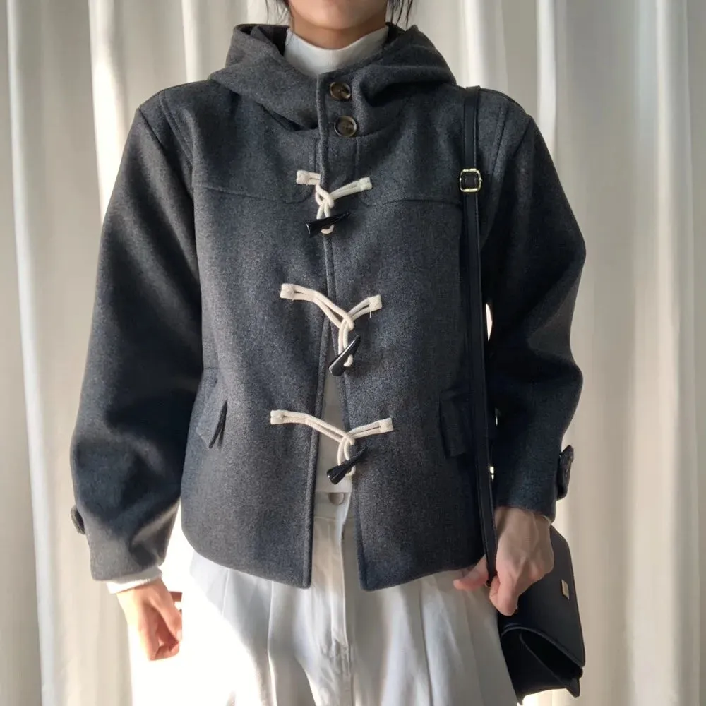 Girlary Retro College Style Korean Chic Jackets Autumn Winter Loose Horn Buckle Cotton Coat Sweet Girl Hooded Warm Jacket Women 2024 New