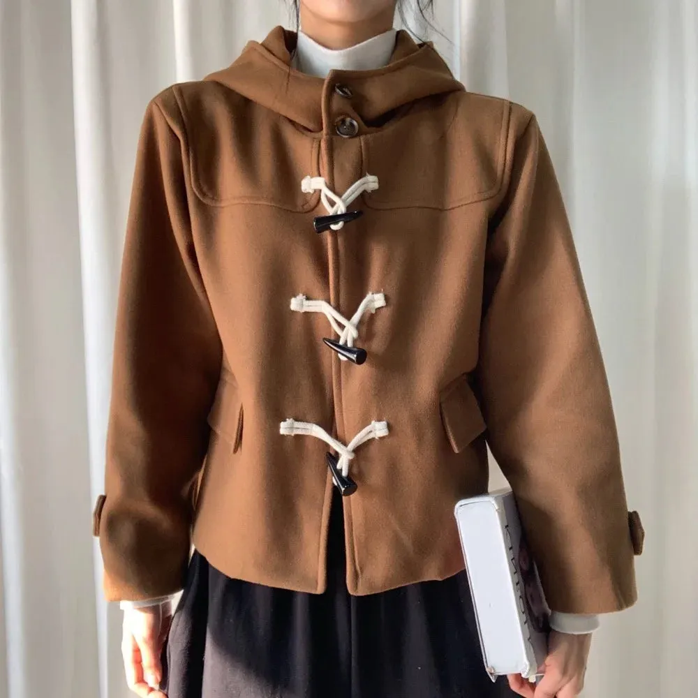 Girlary Retro College Style Korean Chic Jackets Autumn Winter Loose Horn Buckle Cotton Coat Sweet Girl Hooded Warm Jacket Women 2024 New