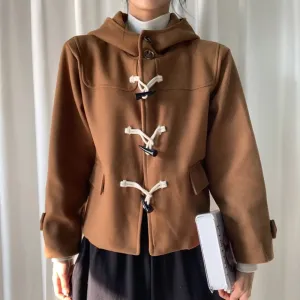 Girlary Retro College Style Korean Chic Jackets Autumn Winter Loose Horn Buckle Cotton Coat Sweet Girl Hooded Warm Jacket Women 2024 New
