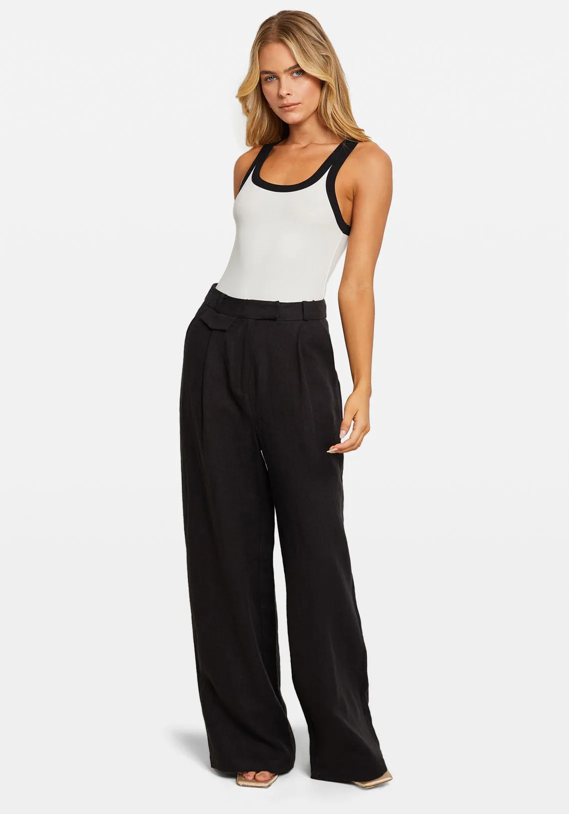 LINEN HIGH RISE TAILORED PANT BLACK