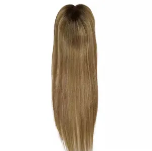 Luxury Silk Base Light Brown Blonde Balayage Straight With Clip In Human Hair Topper Wig Women 150% Virgin Cuticle Remy Hairpieces Toupee