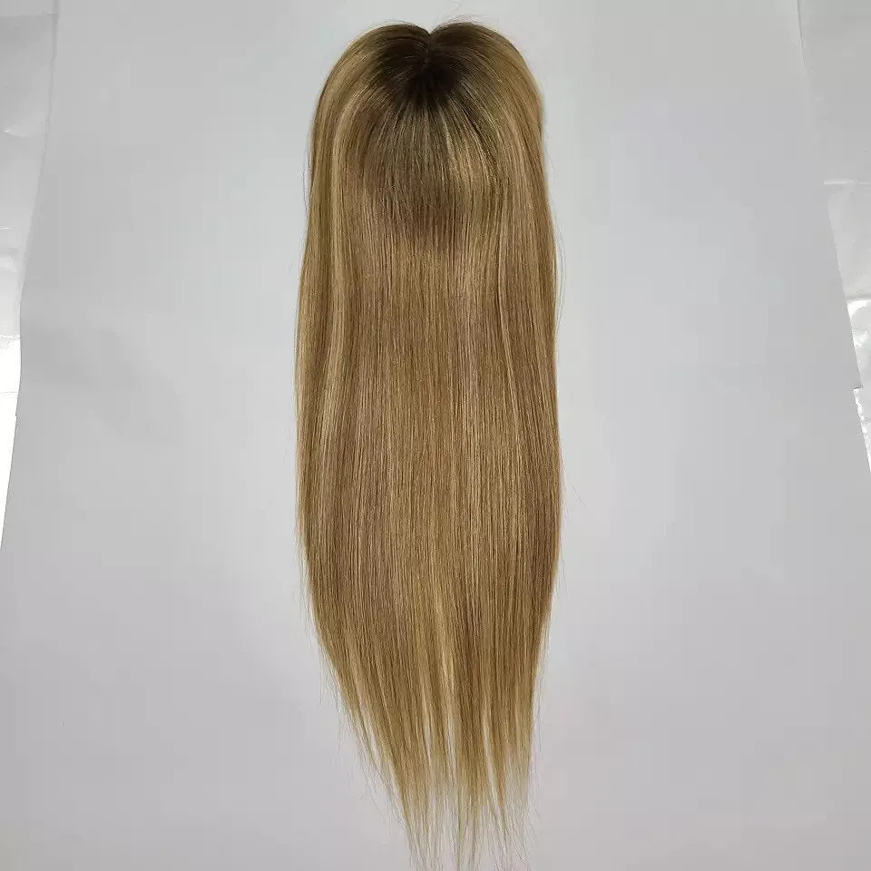 Luxury Silk Base Light Brown Blonde Balayage Straight With Clip In Human Hair Topper Wig Women 150% Virgin Cuticle Remy Hairpieces Toupee