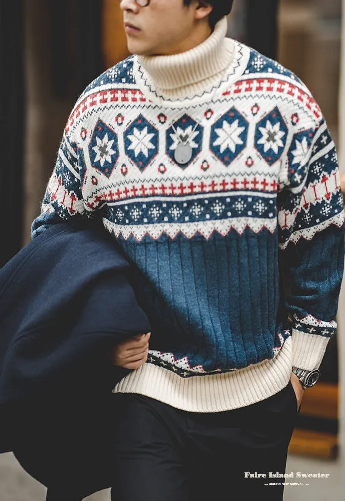 Maden Men Turtlenecks Snowflake Sweater Winter Thick Patchwork Harajuku Printed Faire Island Knit Pullovers Japan Retro Oversize