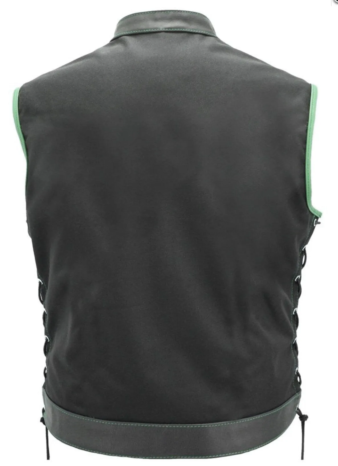 Mens Made in USA Black And Green Military Grade Cordura Motorcycle Vest Hidden Snaps