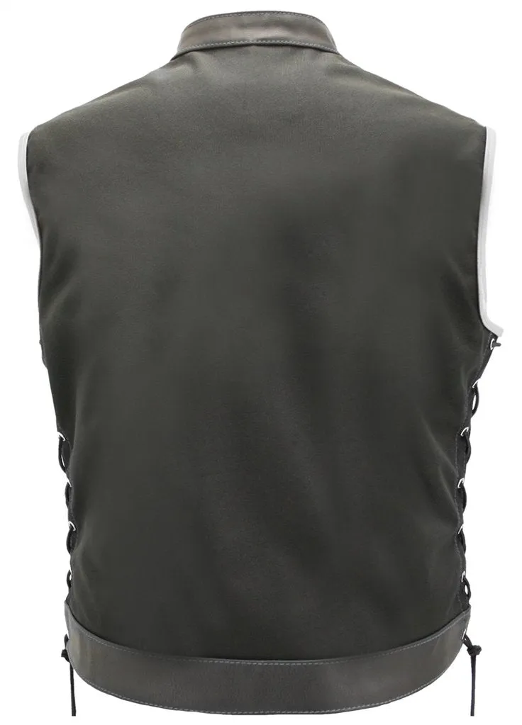 Mens Made in USA Black And White Military Grade Cordura Motorcycle Vest Hidden Snaps
