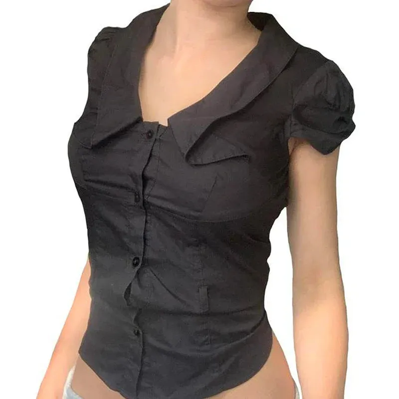Metaversmall Fashion Chic Slim Black Women Blouse Top Cropped Buttons-Up Gothic Dark Design Summer Shirt Cardigans Casual Korean