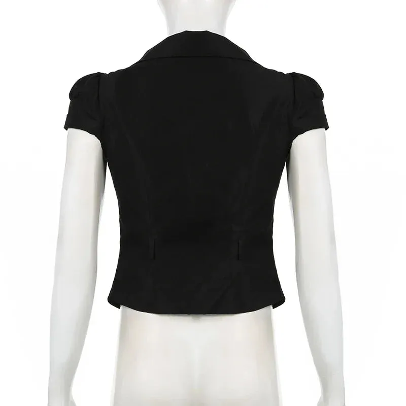 Metaversmall Fashion Chic Slim Black Women Blouse Top Cropped Buttons-Up Gothic Dark Design Summer Shirt Cardigans Casual Korean