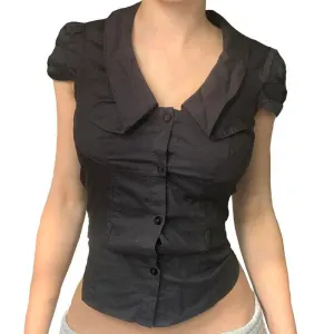 Metaversmall Fashion Chic Slim Black Women Blouse Top Cropped Buttons-Up Gothic Dark Design Summer Shirt Cardigans Casual Korean