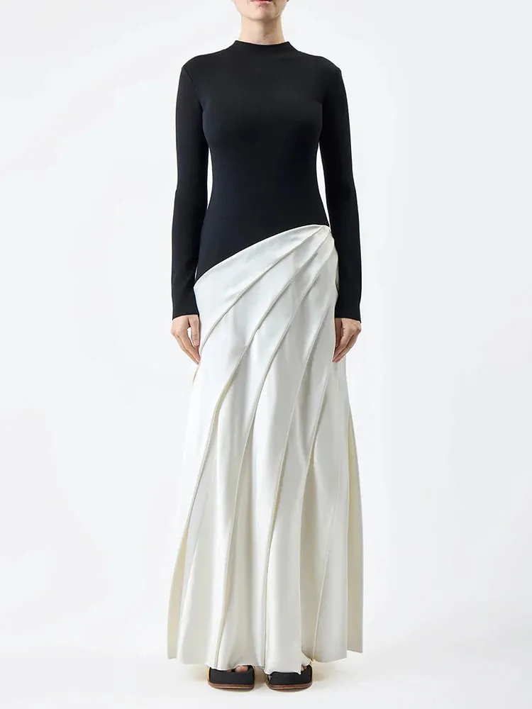 Patchwork Ruffles Chic O Neck Long Sleeve Zipper Elegant Dress