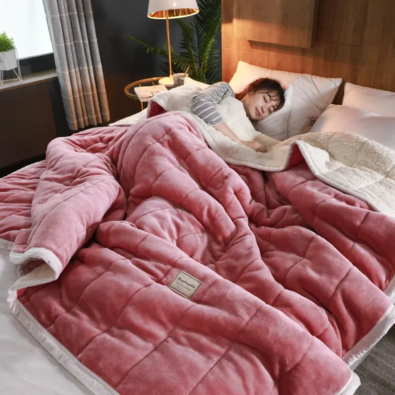 SINOTAO  -  Coral Fleece Autumn Winter Warm Blankets for Bed 3 Layers Thicken Flannel Blanket Quilt Soft Comfortable Warmth Quilts Washable