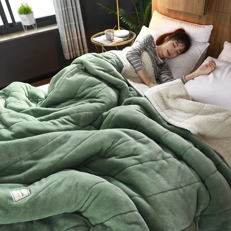 SINOTAO  -  Coral Fleece Autumn Winter Warm Blankets for Bed 3 Layers Thicken Flannel Blanket Quilt Soft Comfortable Warmth Quilts Washable