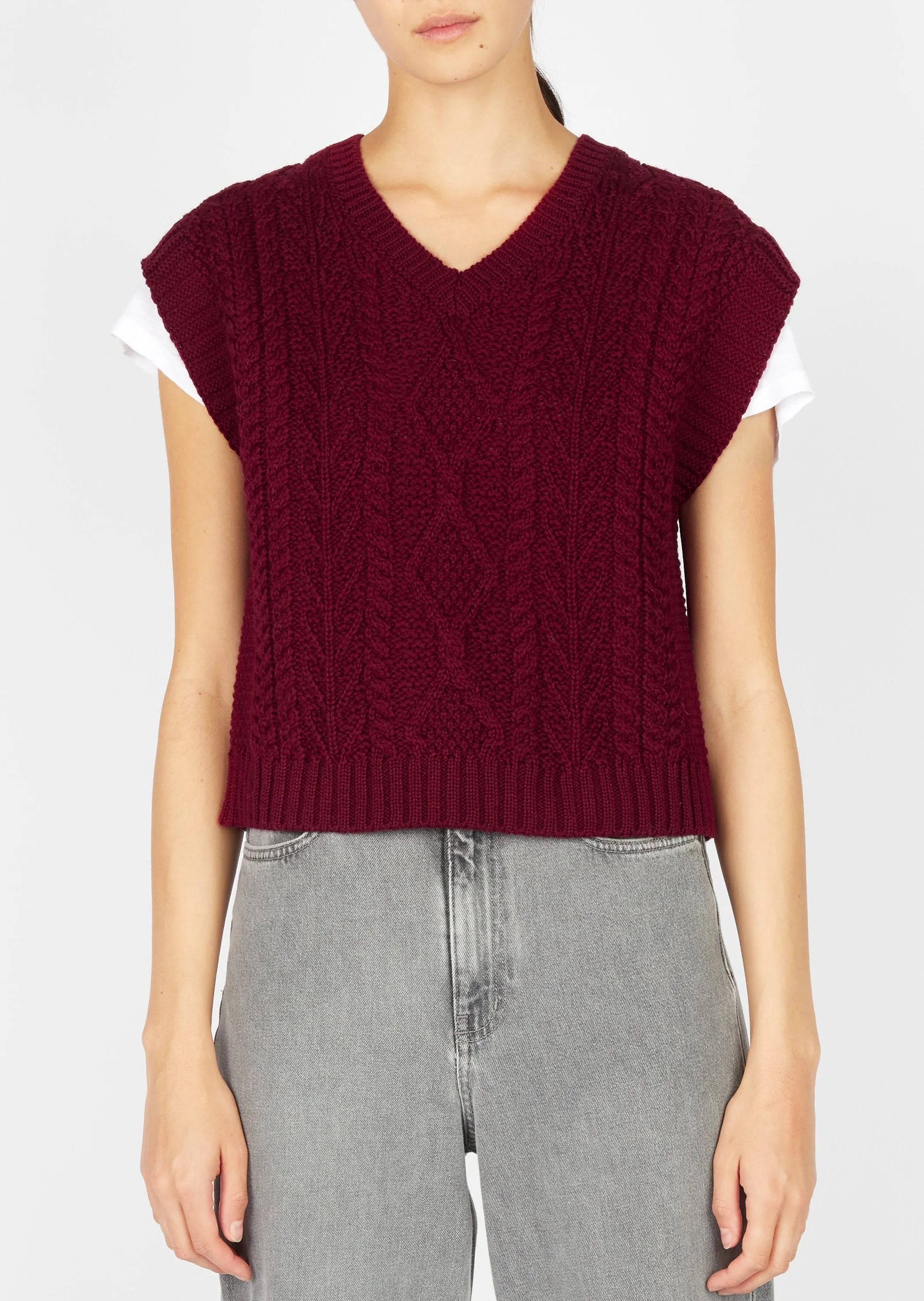 Women's V Neck Aran Vest | Claret