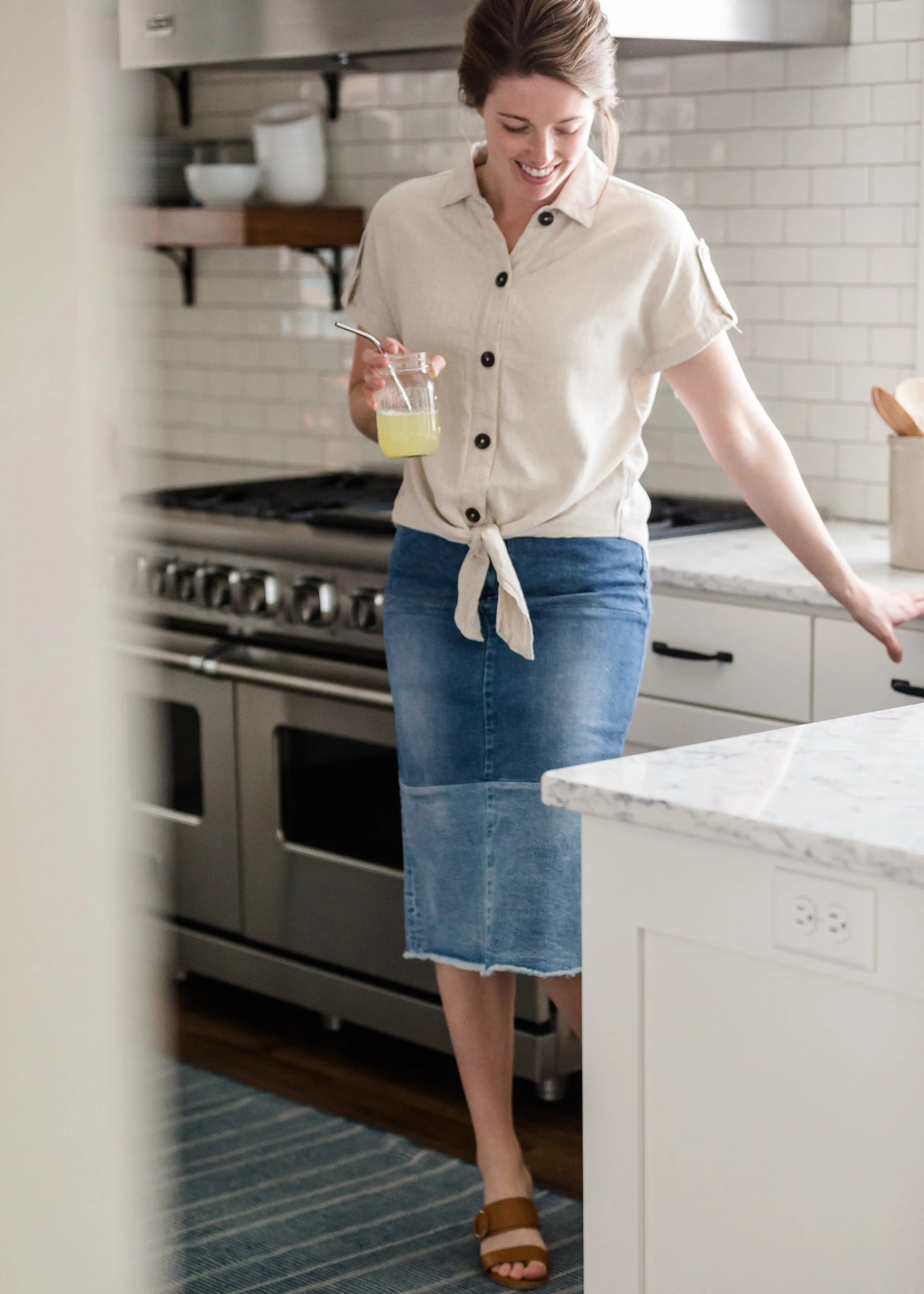 Woven Front Tie Button Detail Blouse - FINAL SALE